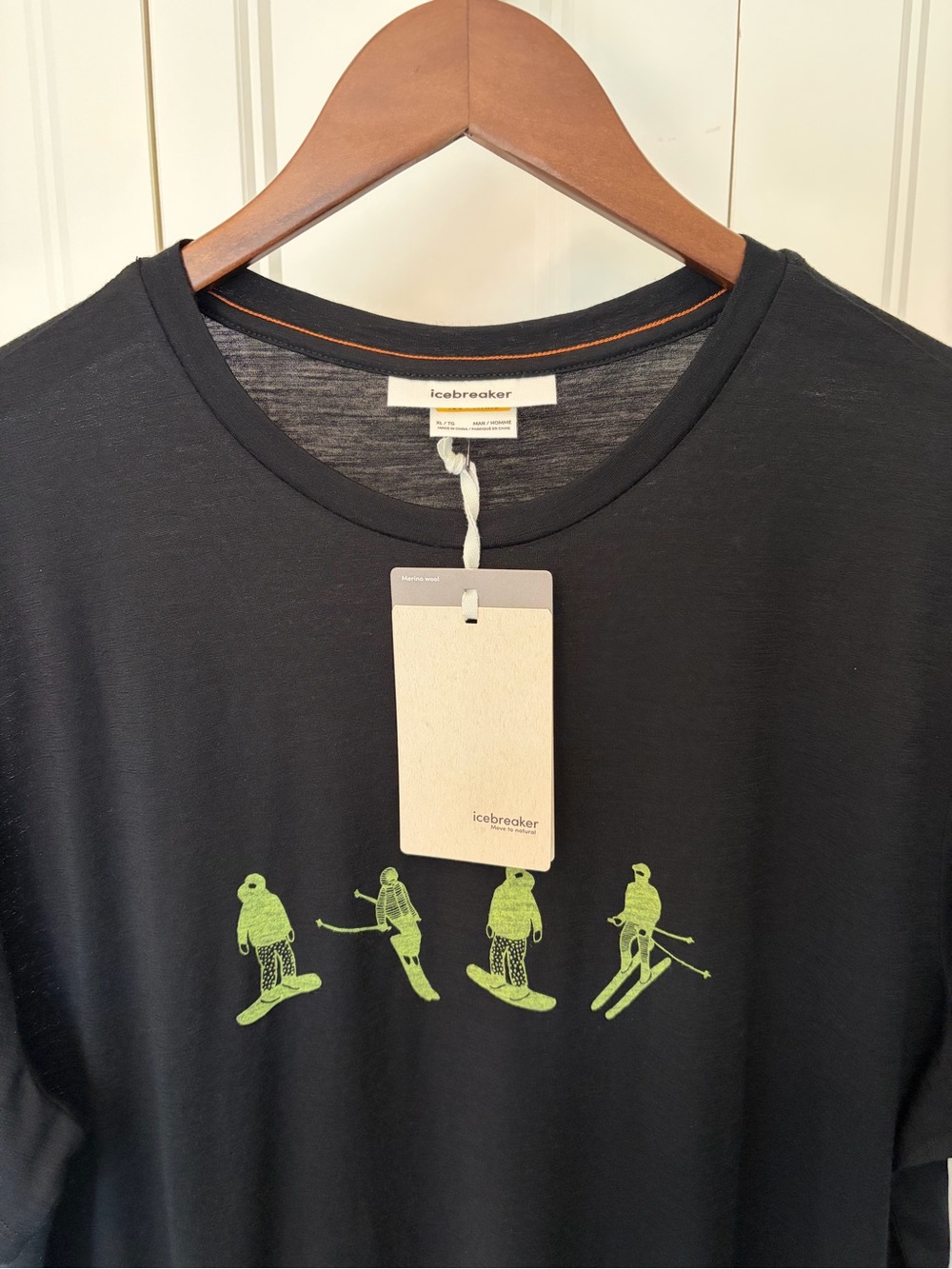 Icebreaker Black Tee with Neon Green Ski and Snowboard Motif